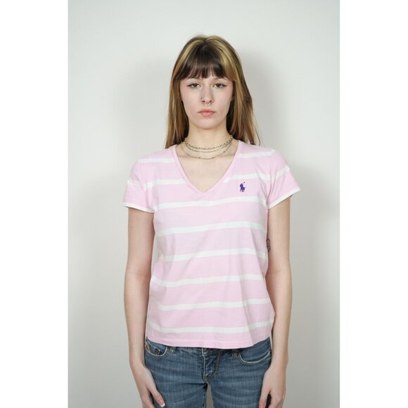 Polo Ralph Lauren Pink Stripes V Neck T - Picture 1 of 5